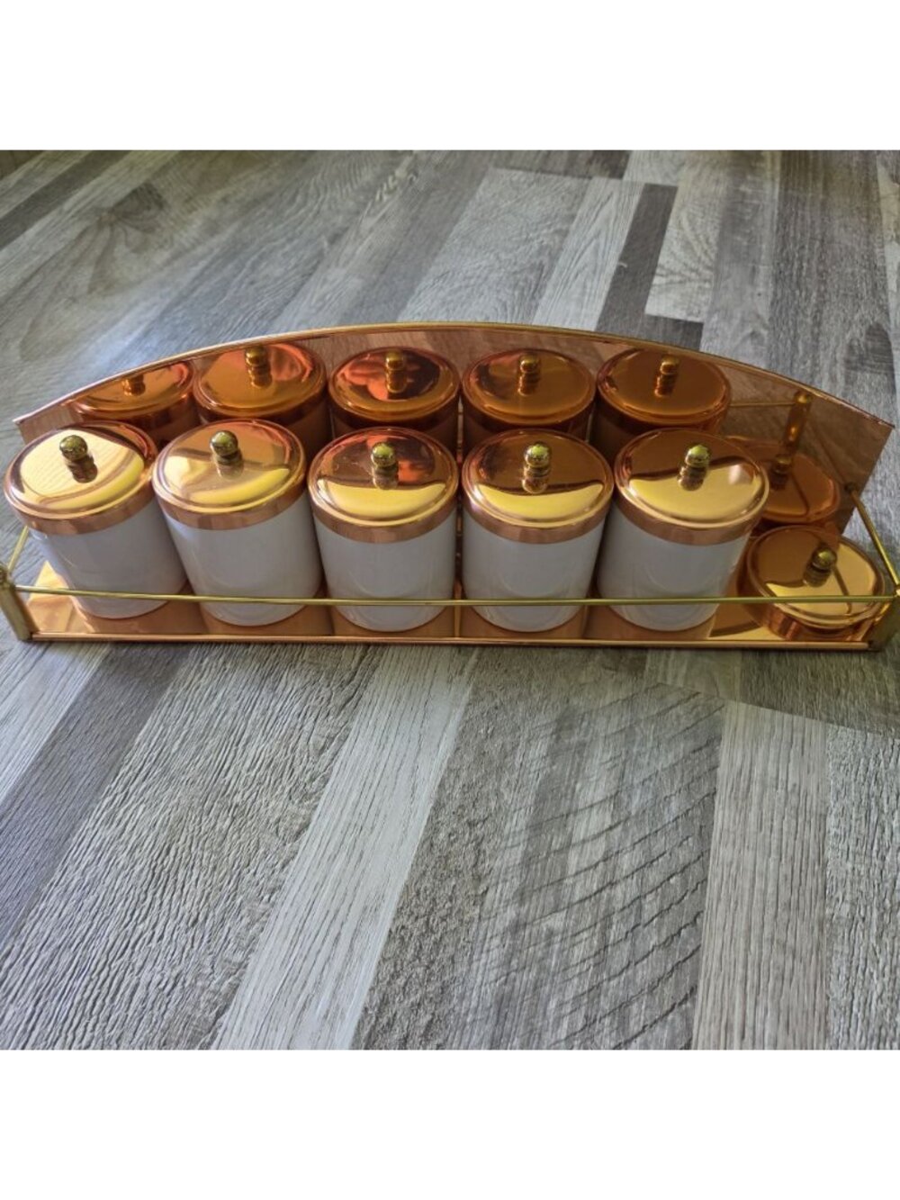 Vintage‎ Korean Copper Wall Hanging Spice Rack 5 Ceramic Jars 6 Copper LIds MCM